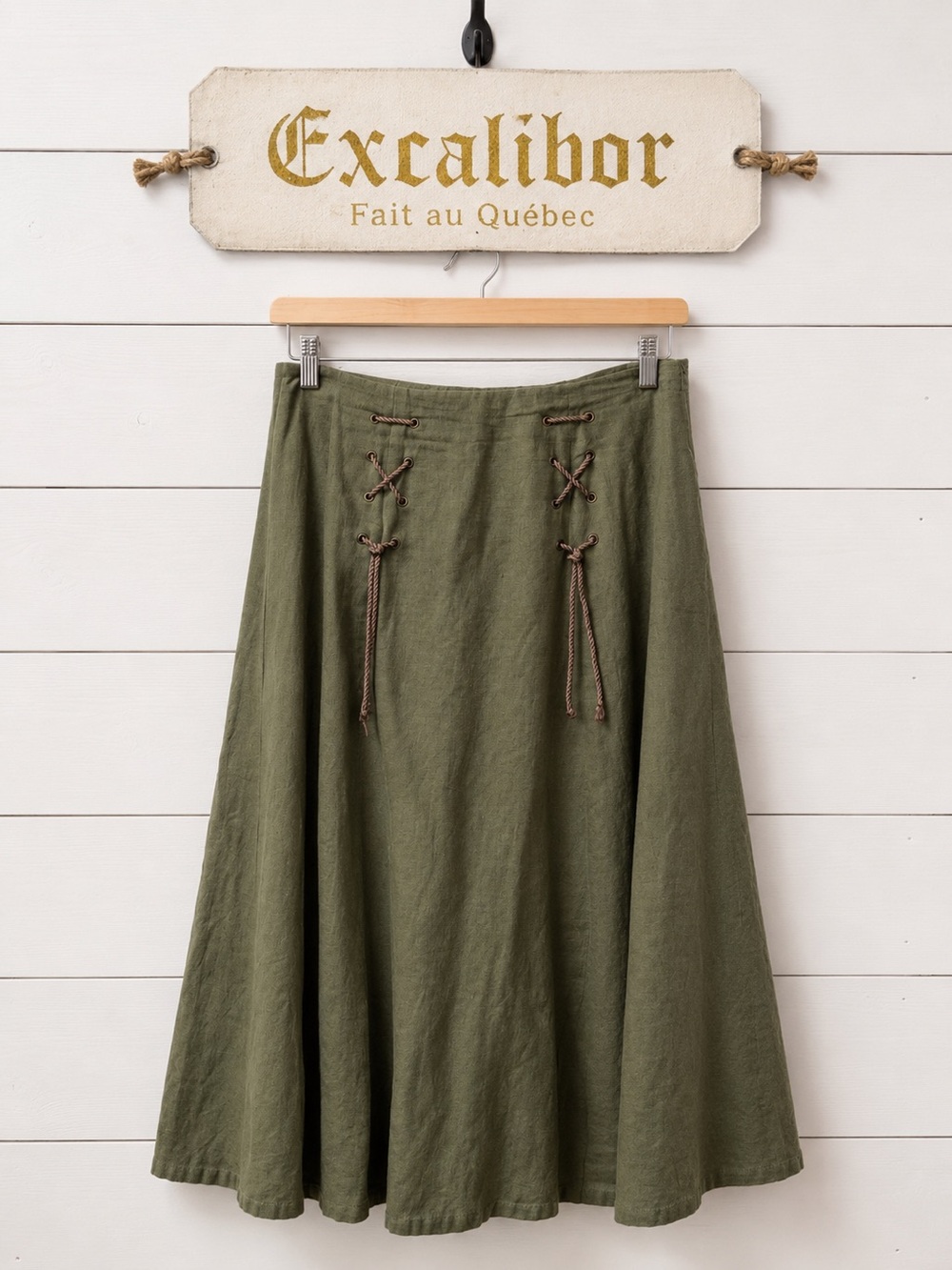 Excalibor Olive Green Lace-Up Maxi Skirt Made in Quebec size S/M